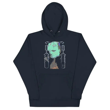 Navy blue Franky Unisex Hoodie featuring a green sci-fi robot design on the front