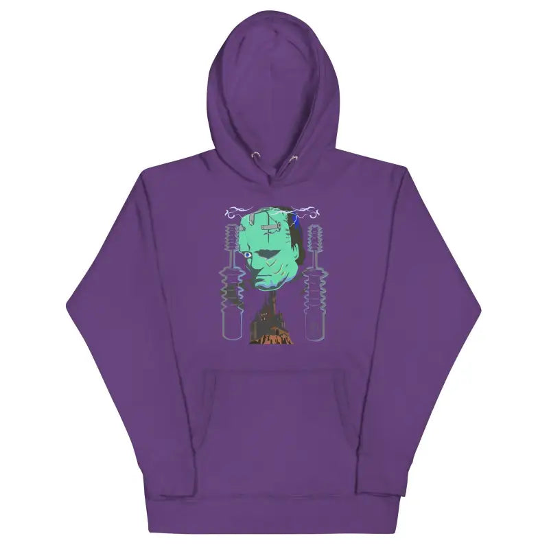 Purple Franky Unisex Hoodie featuring a turquoise robot head design on the front