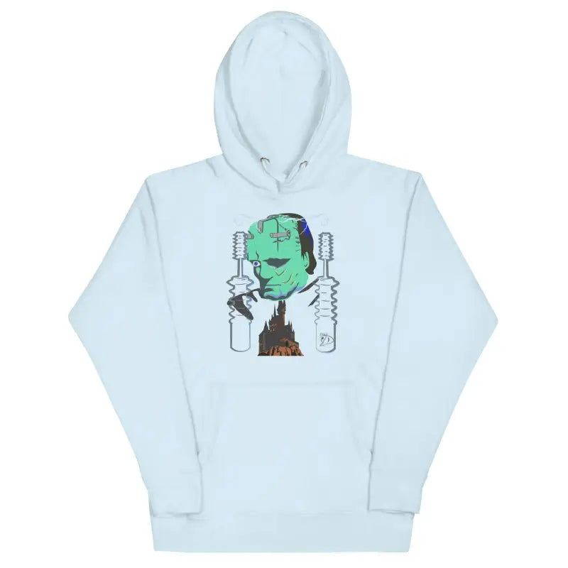 Light blue Franky Unisex Hoodie featuring a green cartoon face graphic on the front