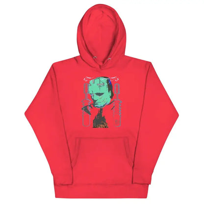 Red Franky Unisex Hoodie featuring a green artistic face design on the front