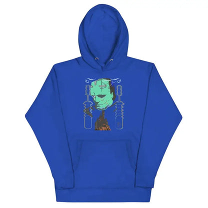 Royal blue Franky Unisex Hoodie featuring a green cartoon dinosaur graphic design