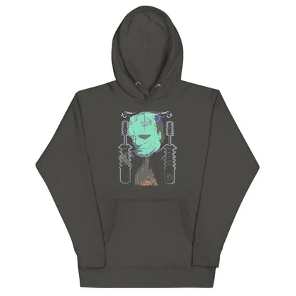 Dark gray Franky Unisex Hoodie featuring turquoise robotic graphic design