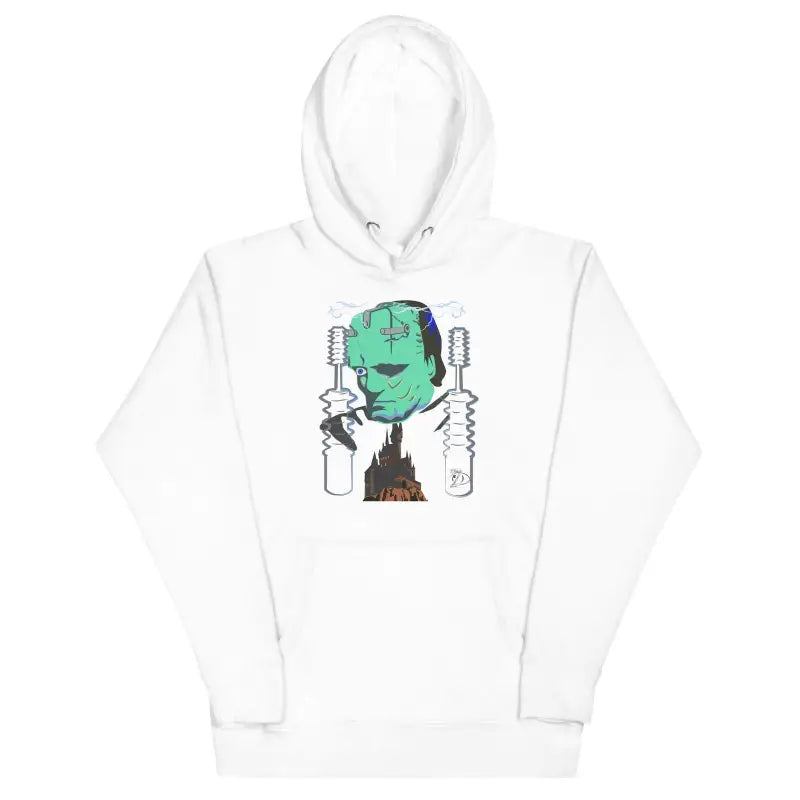 White hoodie with green monster graphic design from the Franky Unisex Hoodie collection