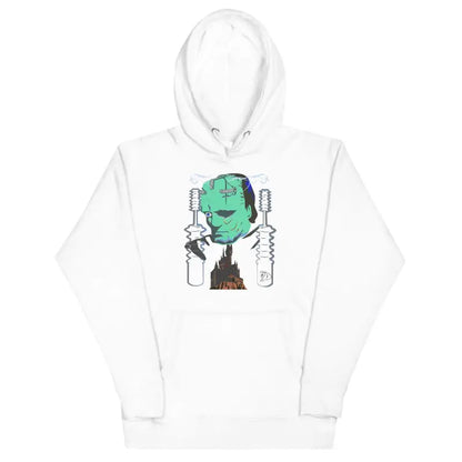 White hoodie with green monster graphic design from the Franky Unisex Hoodie collection