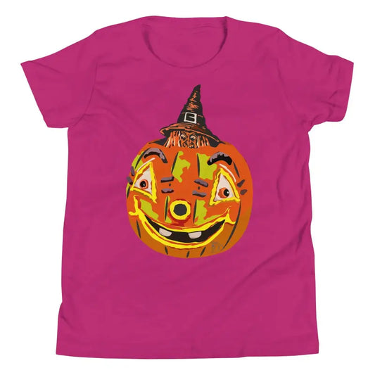 Smiling jack-o’-lantern in witch hat on pink t-shirt for pumpkin witch youth style