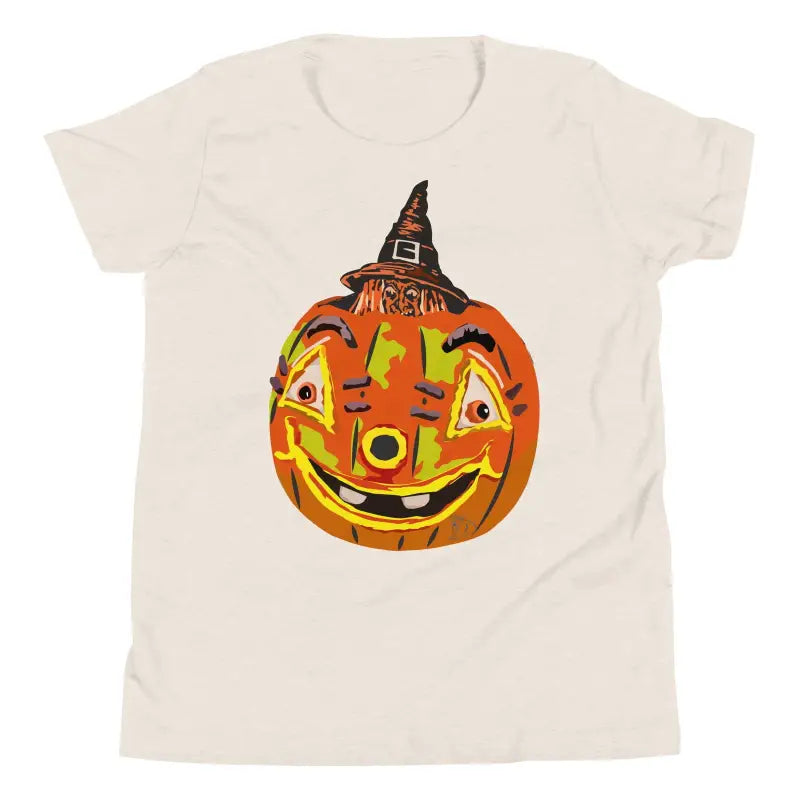 Beige t-shirt featuring a smiling pumpkin witch design for youth Halloween wear