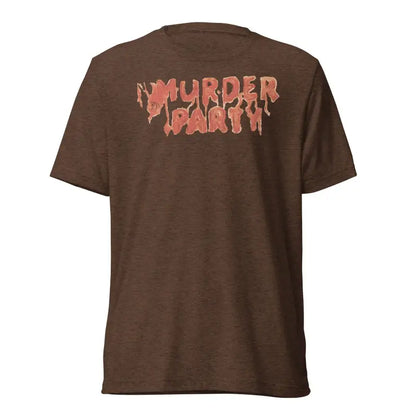 Brown t-shirt featuring pink ’MURDER EARTH’ text for the Murder Party Mayhem collection