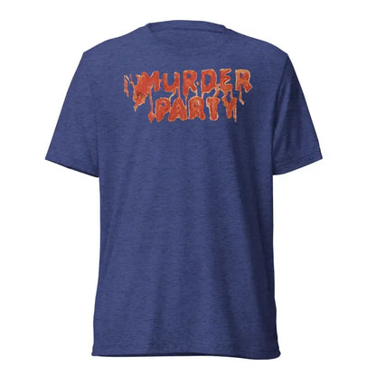 Navy blue Murder Party Mayhem t-shirt featuring orange dripping text design