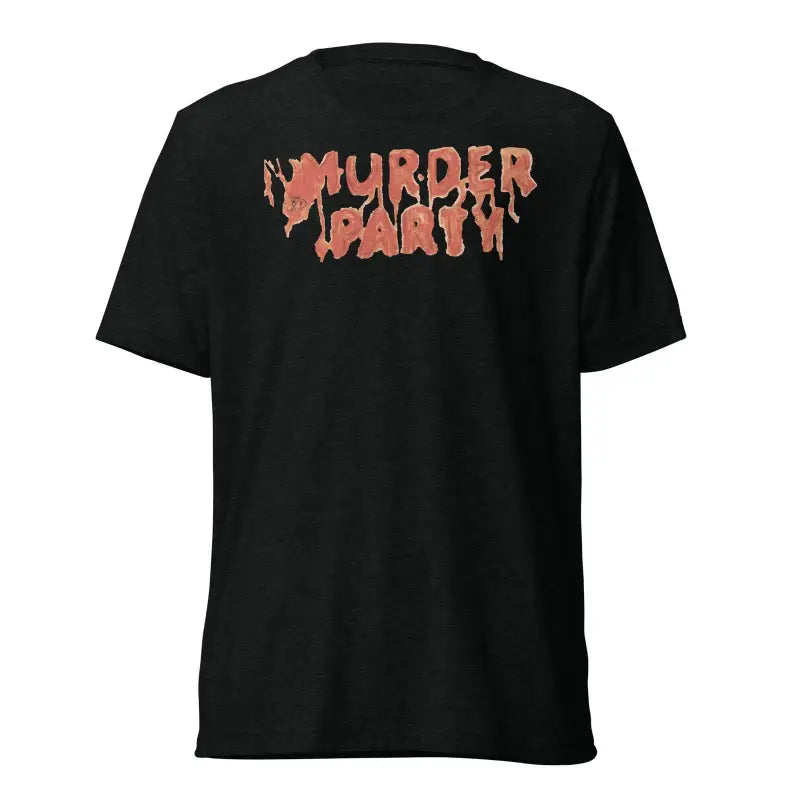 Black Murder Party Mayhem t-shirt featuring pink coral lettering on the back