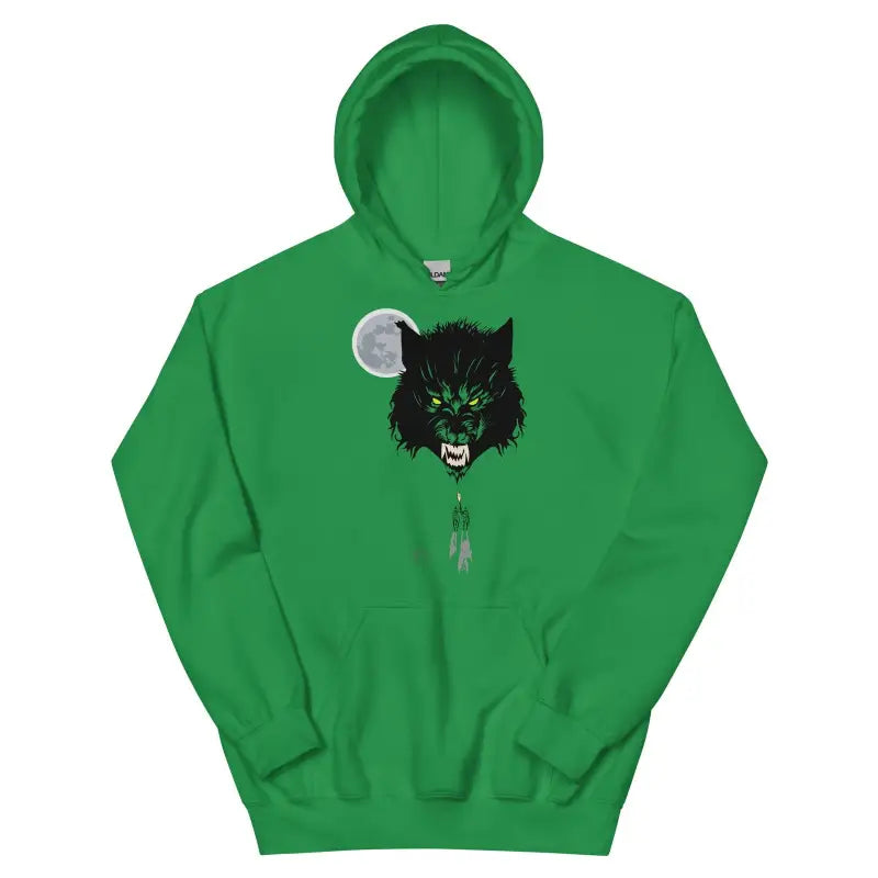 Green cozy go-to hoodie featuring a black wolf and moon design on the front