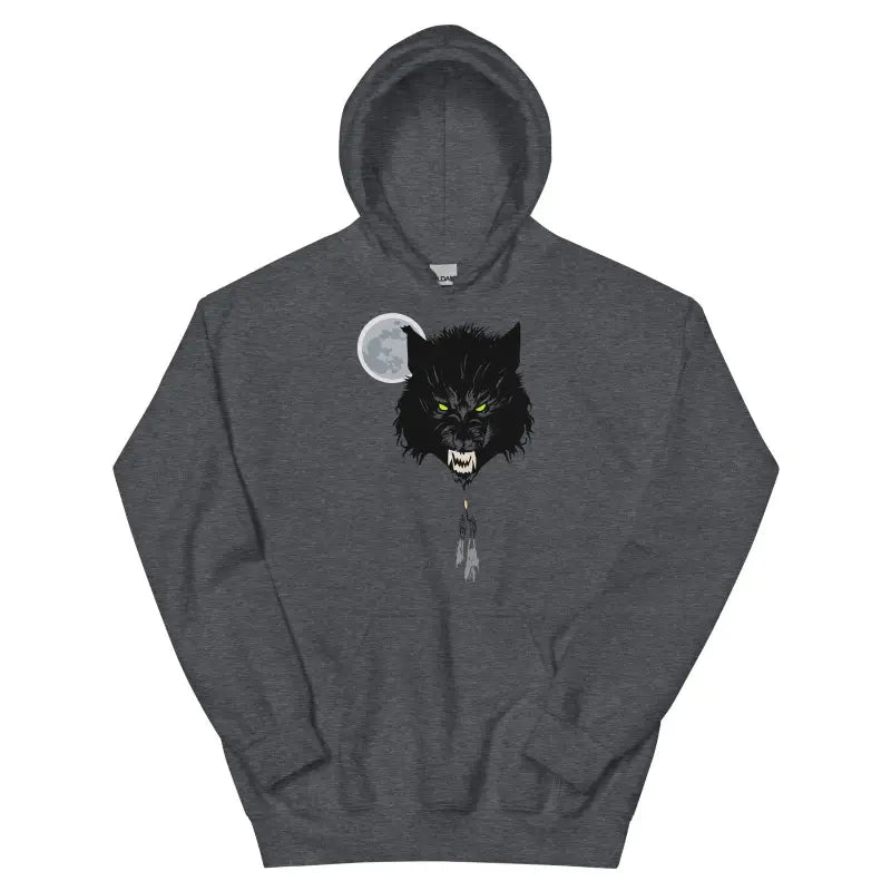 Dark gray cozy go-to hoodie featuring fierce black wolf and moon design on front