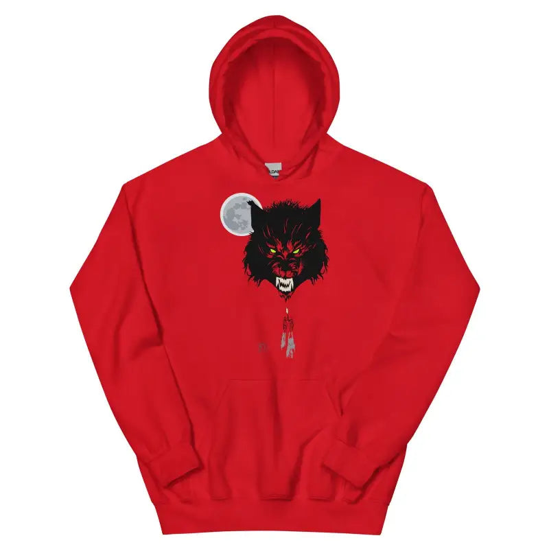 Cozy go-to hoodie featuring a black wolf and moon design on a vibrant red background