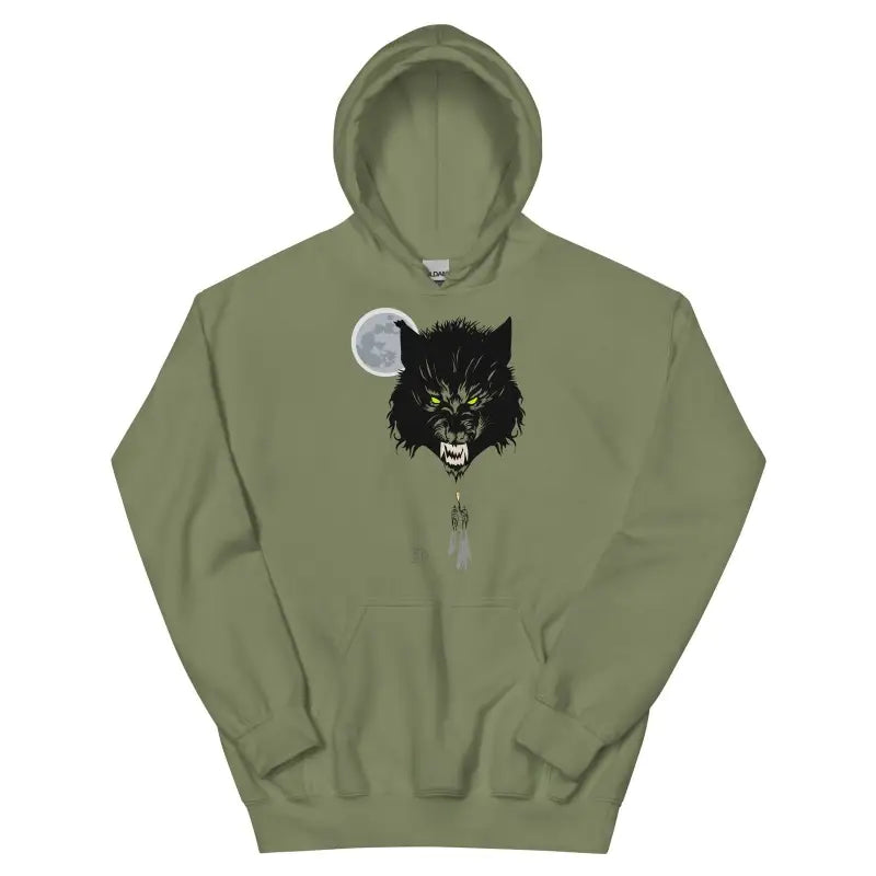 Military green cozy go-to hoodie featuring black werewolf and moon graphic design