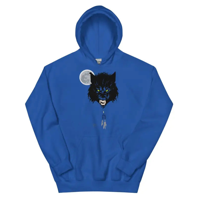 Royal blue cozy go-to hoodie with fierce wolf design and glowing blue eyes under full moon