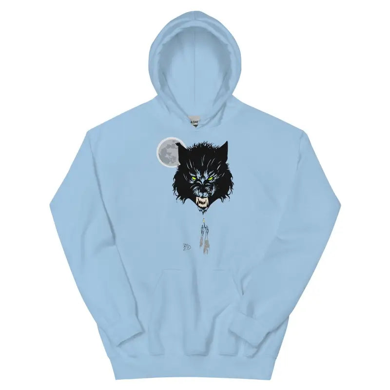 Light blue cozy go-to hoodie featuring a snarling wolf and moon design on the front