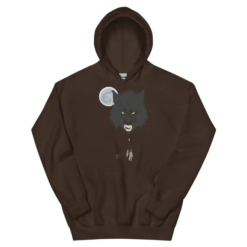 Brown hooded sweatshirt with black cat and moon design in a cozy go-to hoodie style