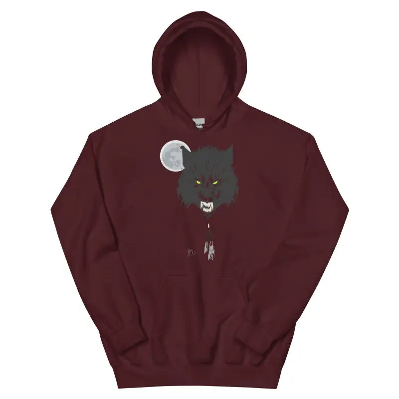 Maroon cozy go-to hoodie featuring black cat and moon graphic design on front