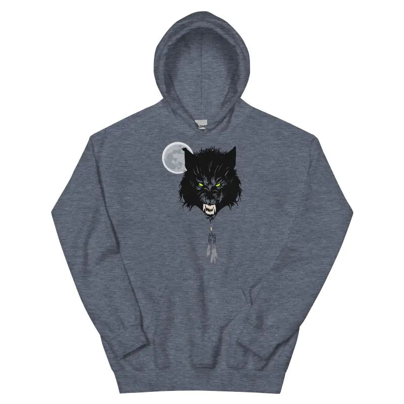 Grey cozy go-to hoodie featuring a snarling wolf and moon graphic design on front