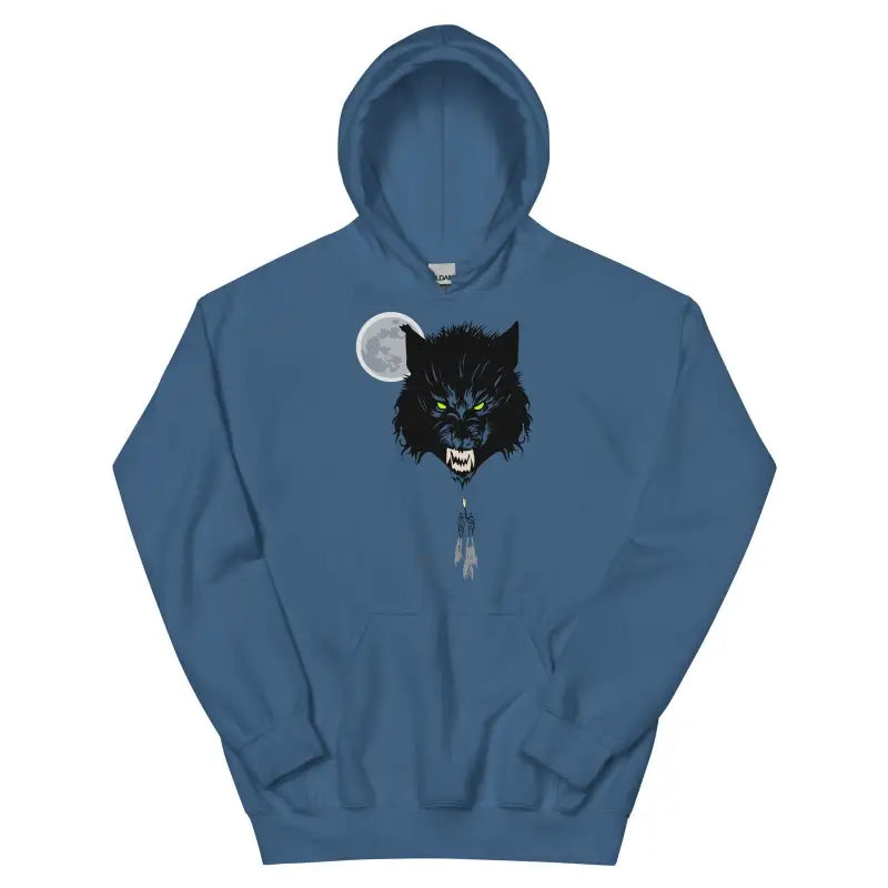 Blue cozy go-to hoodie with fierce black wolf head and glowing eyes, moon graphic design