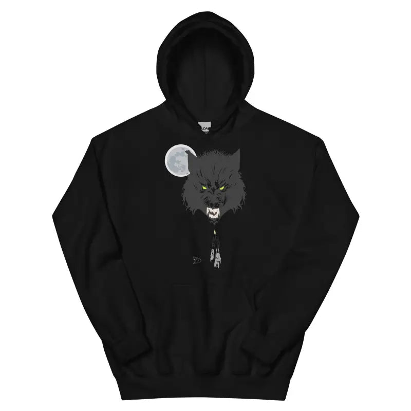 Cozy go-to hoodie in black featuring a fierce wolf design and glowing eyes