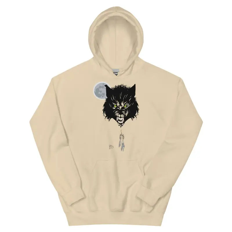 Beige cozy go-to hoodie with a black wolf head, moon, and feathers design