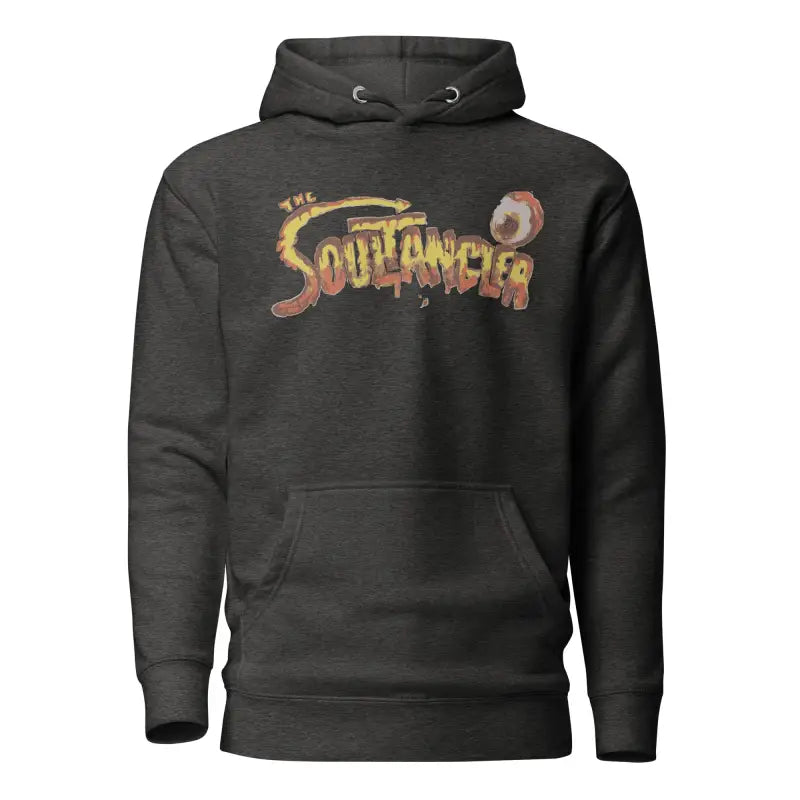 Black hoodie sweatshirt featuring The Soultaker logo design from the Soultangler Streetwear-Inspired Hoodie