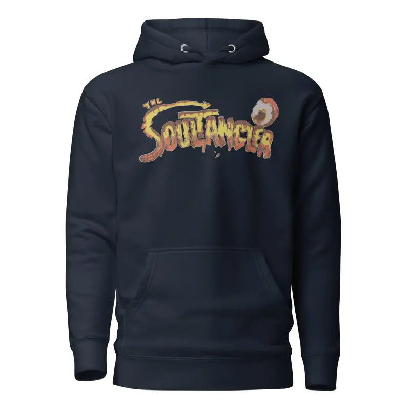 Black hoodie sweatshirt featuring The Soultaker graphic from the Soultangler Streetwear-Inspired Hoodie