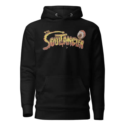 Black hoodie sweatshirt featuring The Souldancer design, a Soultangler streetwear-inspired hoodie