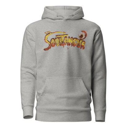 Grey hoodie sweatshirt featuring Soflower text design in yellow and red for the Soultangler Streetwear-Inspired Hoodie