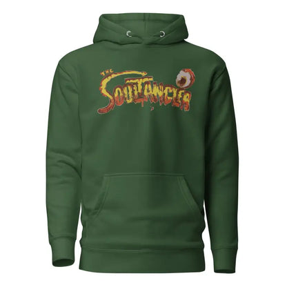 Forest green Soultangler streetwear-inspired hoodie featuring a colorful Soulfinger graphic