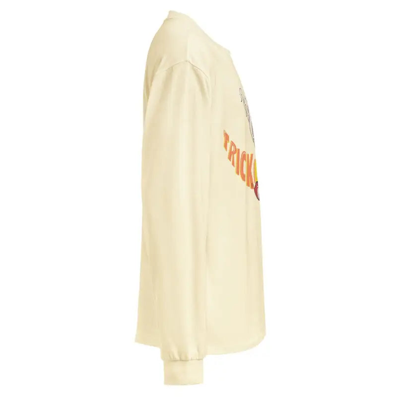 Cream-colored long sleeve shirt with orange text from Whispers of Elegance collection