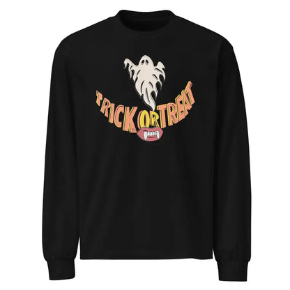 Black premium long sleeve shirt featuring a ghost and Trick or Treat Halloween design