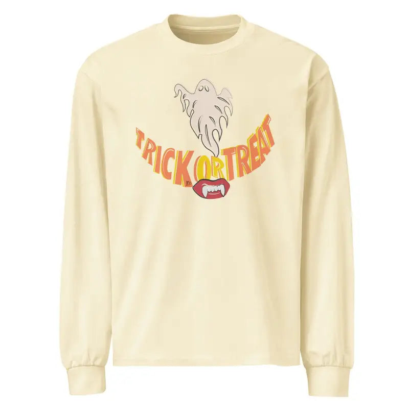 Cream-colored premium long sleeve shirt with Trick or Treat text and ghost design