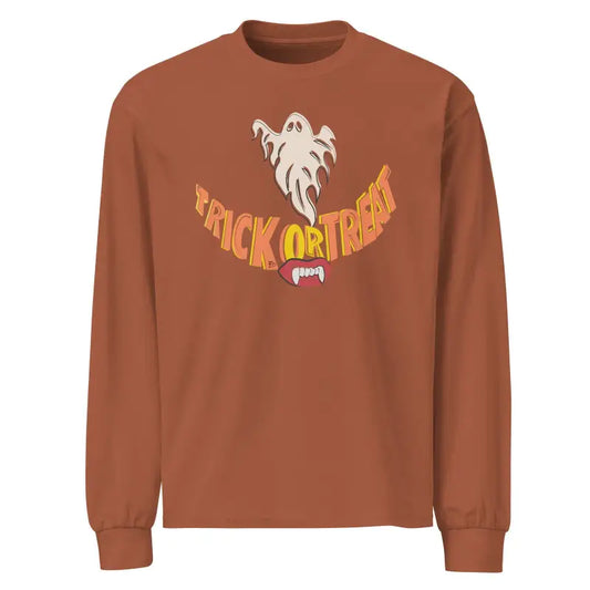 Brown premium long sleeve shirt featuring a ghost and Trick or Treat Halloween design