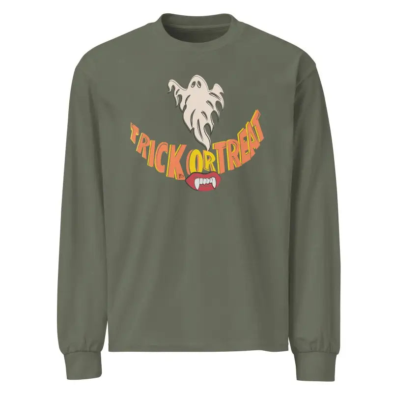 Olive green premium long sleeve shirt featuring ghost and Trick or Treat design