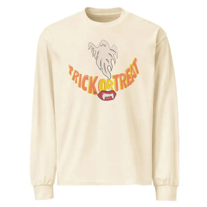 Cream-colored premium long sleeve shirt featuring ghost design and Trick or Treat text