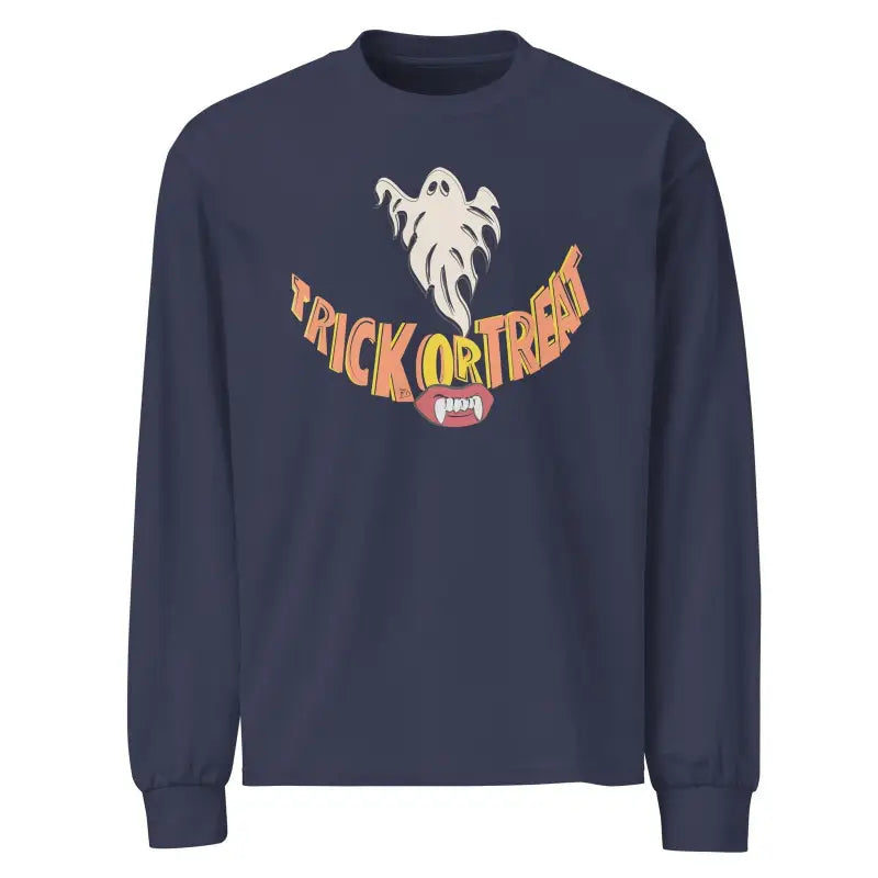 Navy blue premium long sleeve shirt featuring ghost and Trick or Treat Halloween design