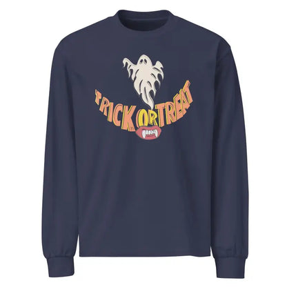 Navy blue premium long sleeve shirt featuring ghost and Trick or Treat Halloween design