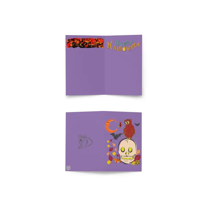 Product Image: A Halloween greeting card featuring a red owl on a glowing skull, with bats, a crescent moon, and autumn leaves on a purple background.
Close-Up Detail: High-quality paper texture with rich, fade-resistant Halloween artwork.
Inside Image (if applicable): The Witching Hour Watcher greeting card opened, revealing festive “Happy Halloween” text and whimsical vintage details.