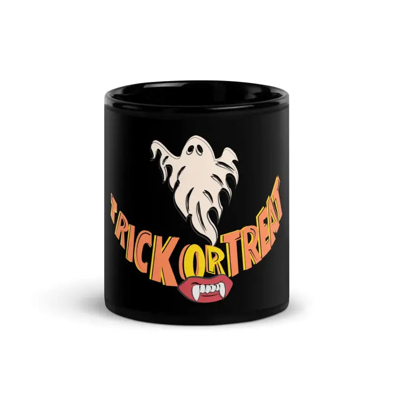 Black glossy mug featuring ghost and orange Trick or Treat design by Matthew Dye Art