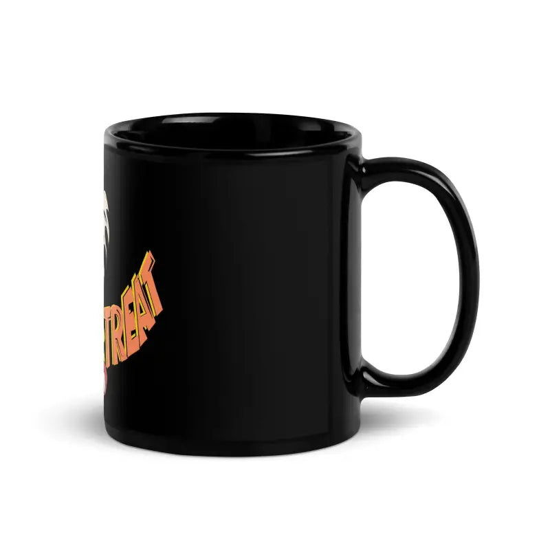 Black glossy mug featuring orange text, showcasing Matthew Dye Art for Halloween