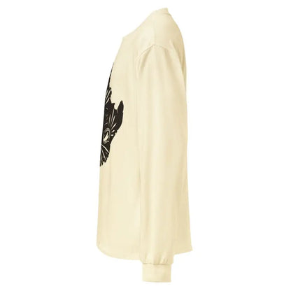 Cream-colored long-sleeve Ah Kitty Premium Sweatshirt with Halloween graphic design