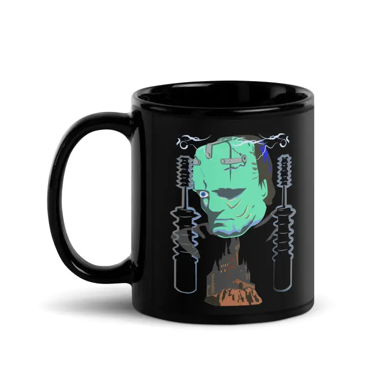 Black Ceramic Mug with Frankenstein’s Monster Design in Retro Franky Style