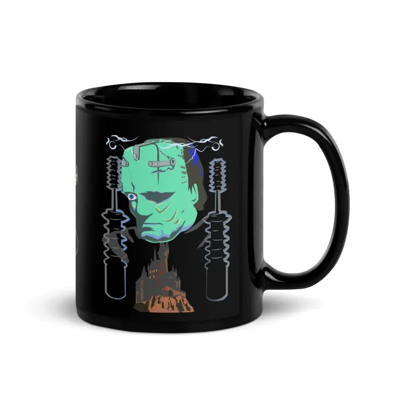 Black ceramic mug featuring Frankenstein’s monster design and electrical components, Retro Franky Ceramic