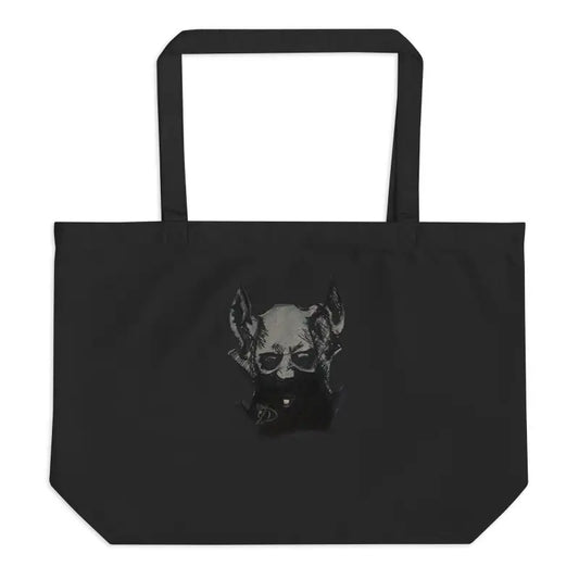 Black organic cotton tote featuring a dark dog’s face design for nature lovers