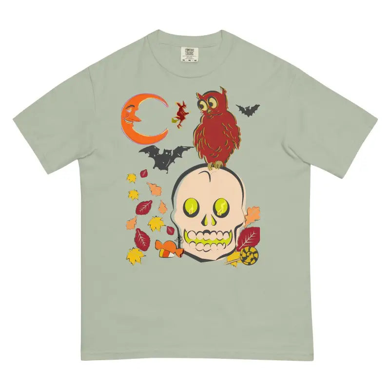 Light sage green heavyweight harmony t-shirt featuring skull owl, bats, and autumn leaves