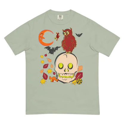 Light sage green heavyweight harmony t-shirt featuring a skull owl, bats, and autumn leaves