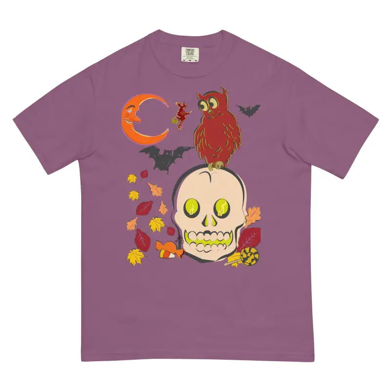 Purple heavyweight harmony t-shirt featuring Halloween skull owl design, bats, and autumn leaves