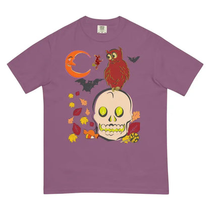 Purple Whispers of Night in Skull Owl Unisex Heavyweight Harmony t-shirt with Halloween design