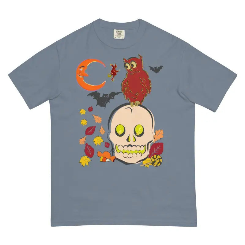 Grey t-shirt with Halloween skull owl artwork under a crescent moon in unisex heavyweight harmony